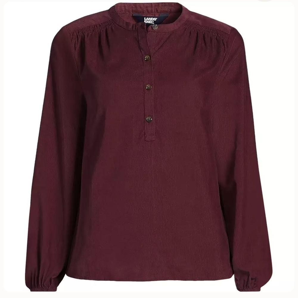 NEW Lands' End Women's M 10-12 Burgundy Pinwale Cord Smocked Popover Shirt